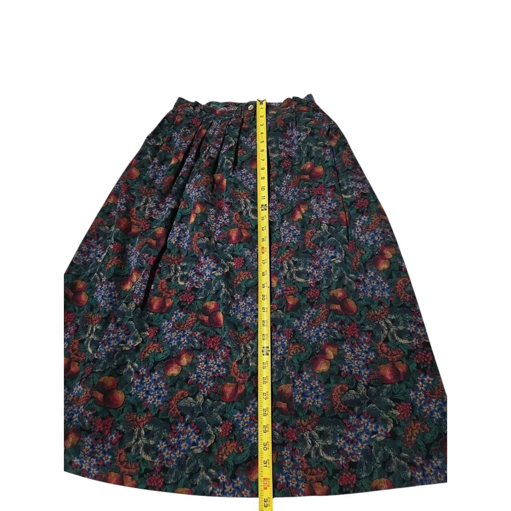 L.L. Bean Vintage Corduroy Floral Fruit Tapestry Midi Skirt Green Red 12 Petite
